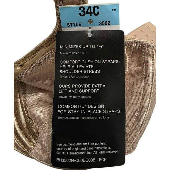 New Bali Minimizer Underwire Bra 34C #3562 Beige Comfort Cushion Straps Support - Picture 5 of 11